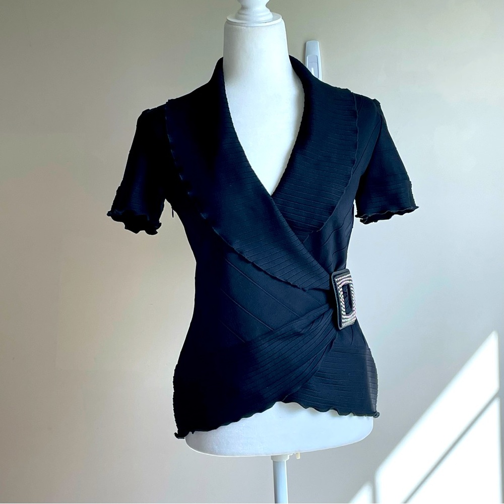 Joseph Ribkoff Size 4 Knit Faux Wrap Fitted Top With Studded Buckle Detail Black